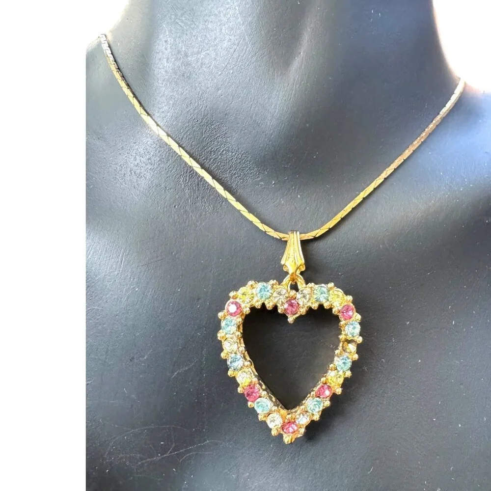 Accents by Hallmark Vintage Gold Tone Heart Pendant With Multicolor Rhinestones